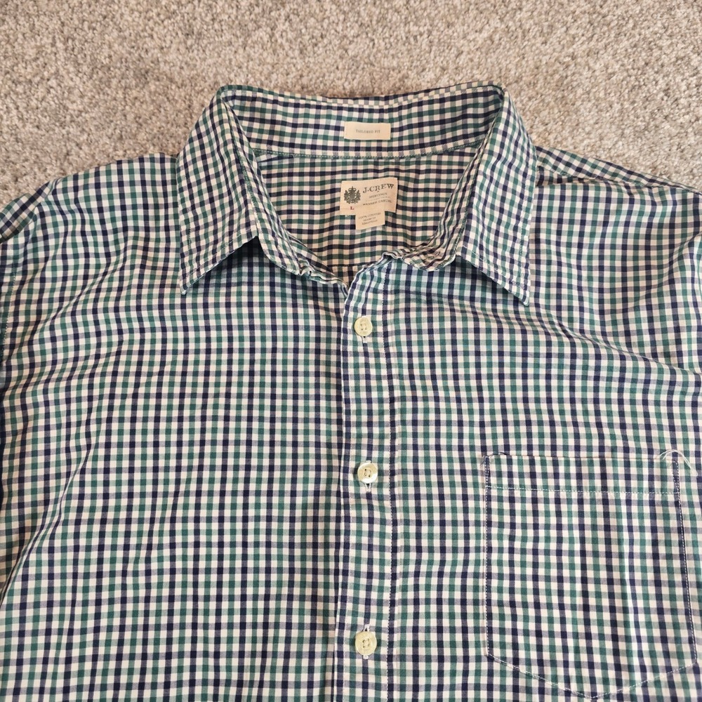 J.Crew Mens Large Tailored Fit Washed Casual Gingham Button Down Navy Green